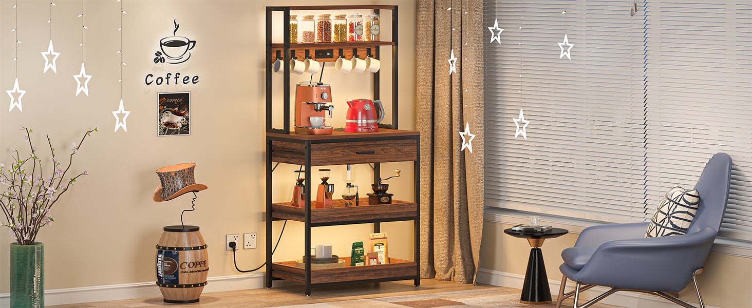 5-Tier Kitchen Baker's Rack with Power Outlets, Drawer & Sliding Shelves