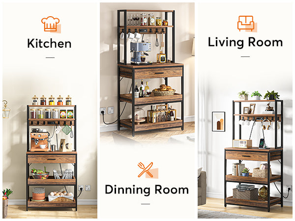 5-Tier Kitchen Baker's Rack with Power Outlets, Drawer & Sliding Shelves