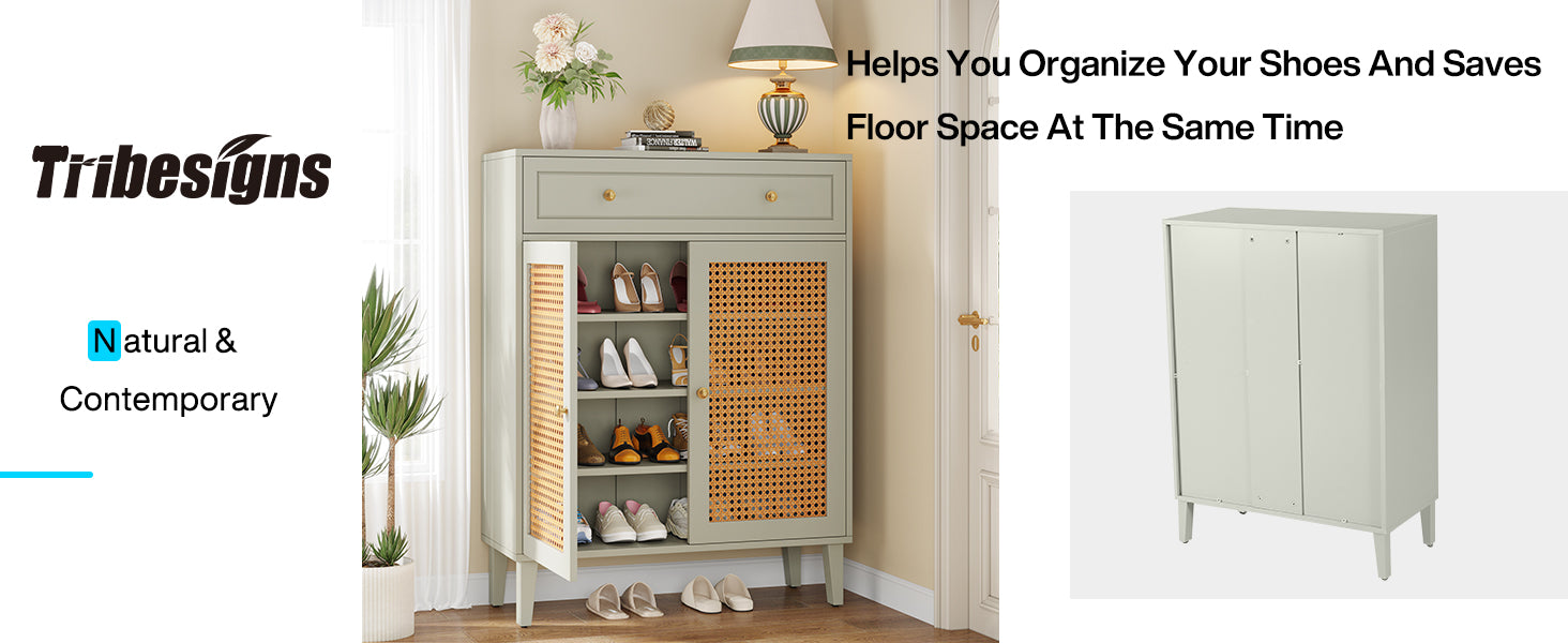 Wooden Shoe Cabinet, Rattan Shoe Organizer with Doors and Drawer