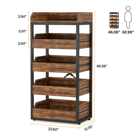 Wood Fruit and Vegetable Storage Rack Basket Stand with 5 Drawers