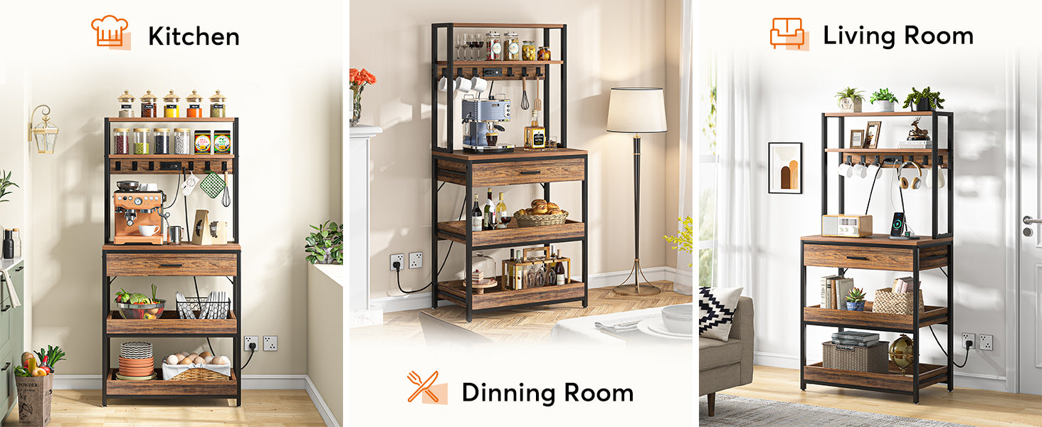 5-Tier Kitchen Baker's Rack with Power Outlets, Drawer & Sliding Shelves