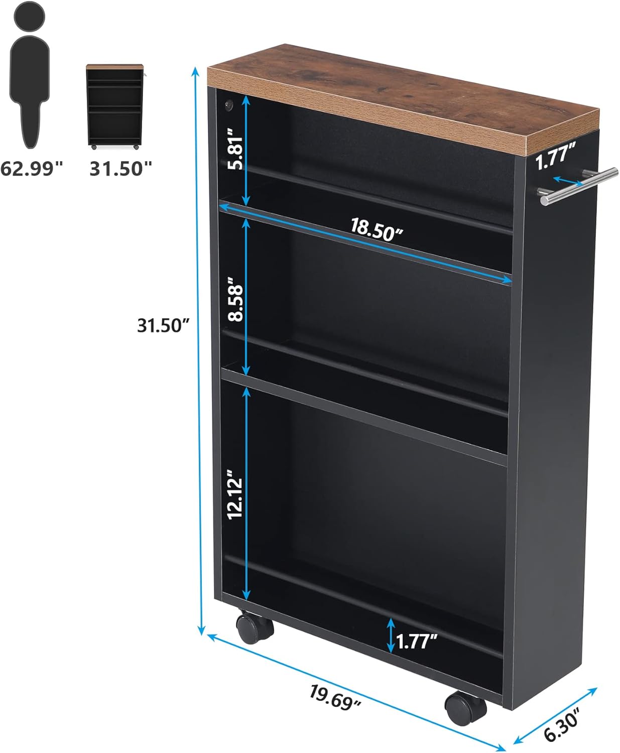 4-Tier Storage Cart, Slim Rolling Narrow Kitchen Cart for Small Place