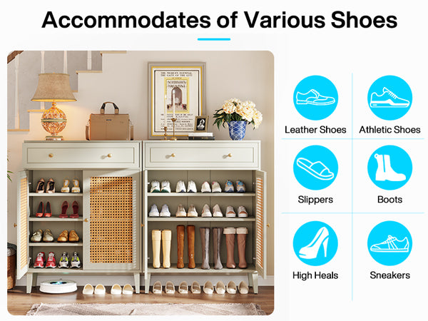 Wooden Shoe Cabinet, Rattan Shoe Organizer with Doors and Drawer