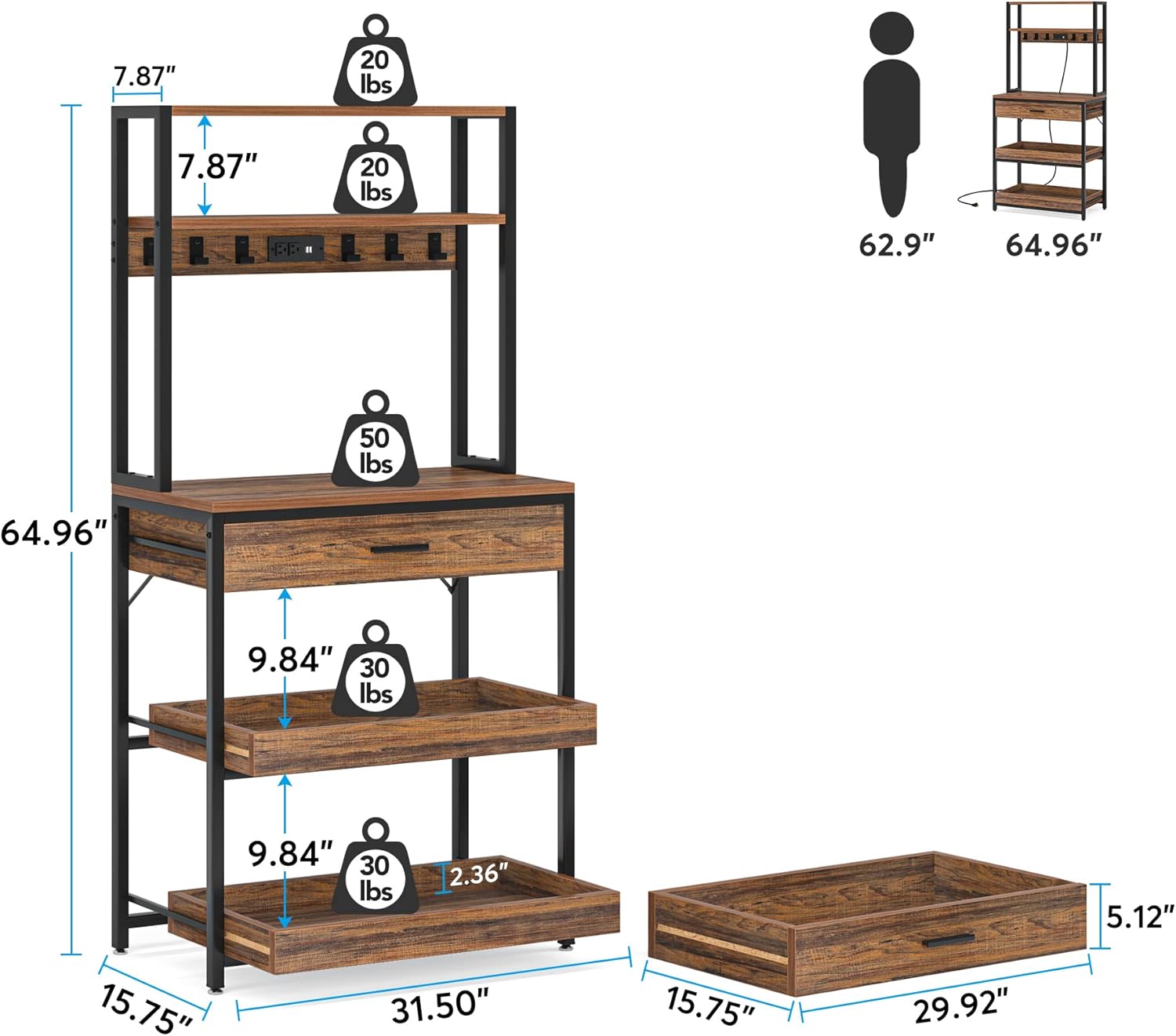 5-Tier Kitchen Baker's Rack with Power Outlets, Drawer & Sliding Shelves