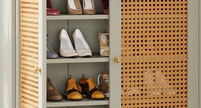 Wooden Shoe Cabinet, Rattan Shoe Organizer with Doors and Drawer