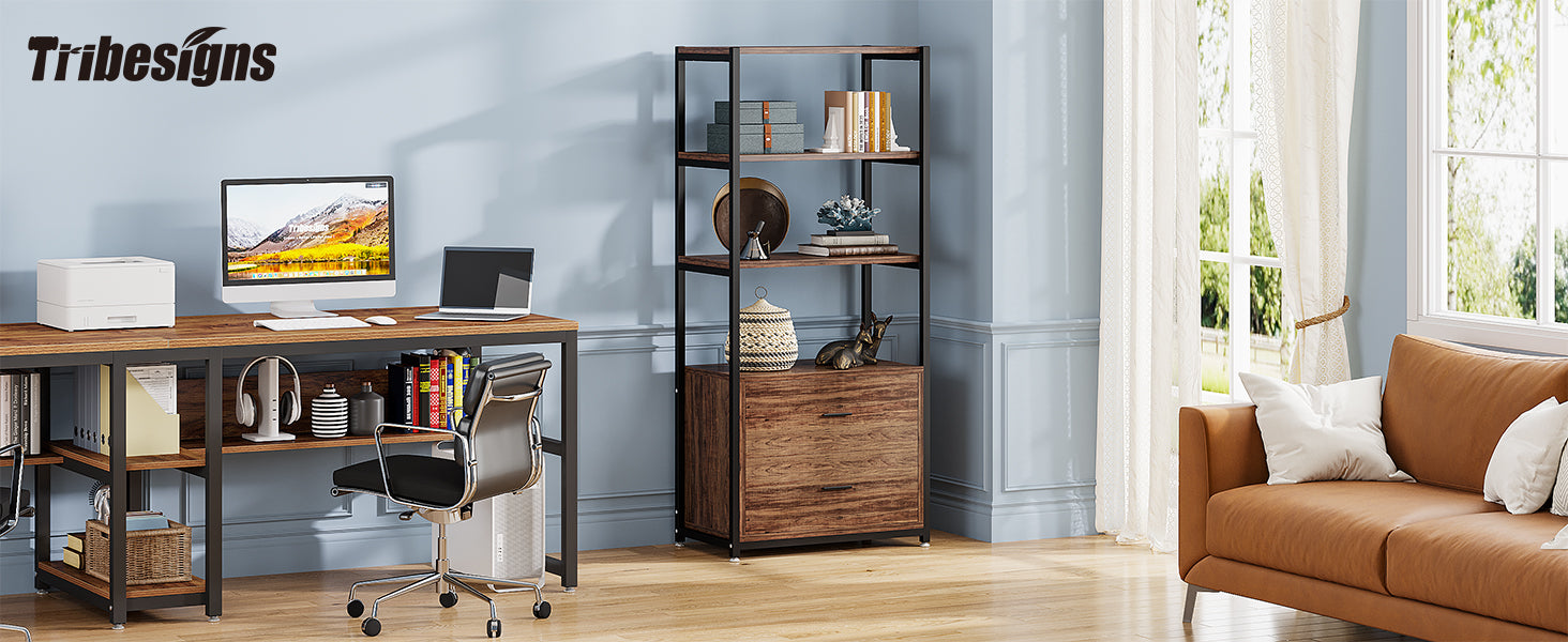 4-Tier Bookshelf Etagere Display Bookcase with 2 Drawers