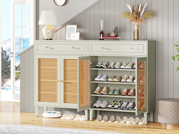 Wooden Shoe Cabinet, Rattan Shoe Organizer with Doors and Drawer
