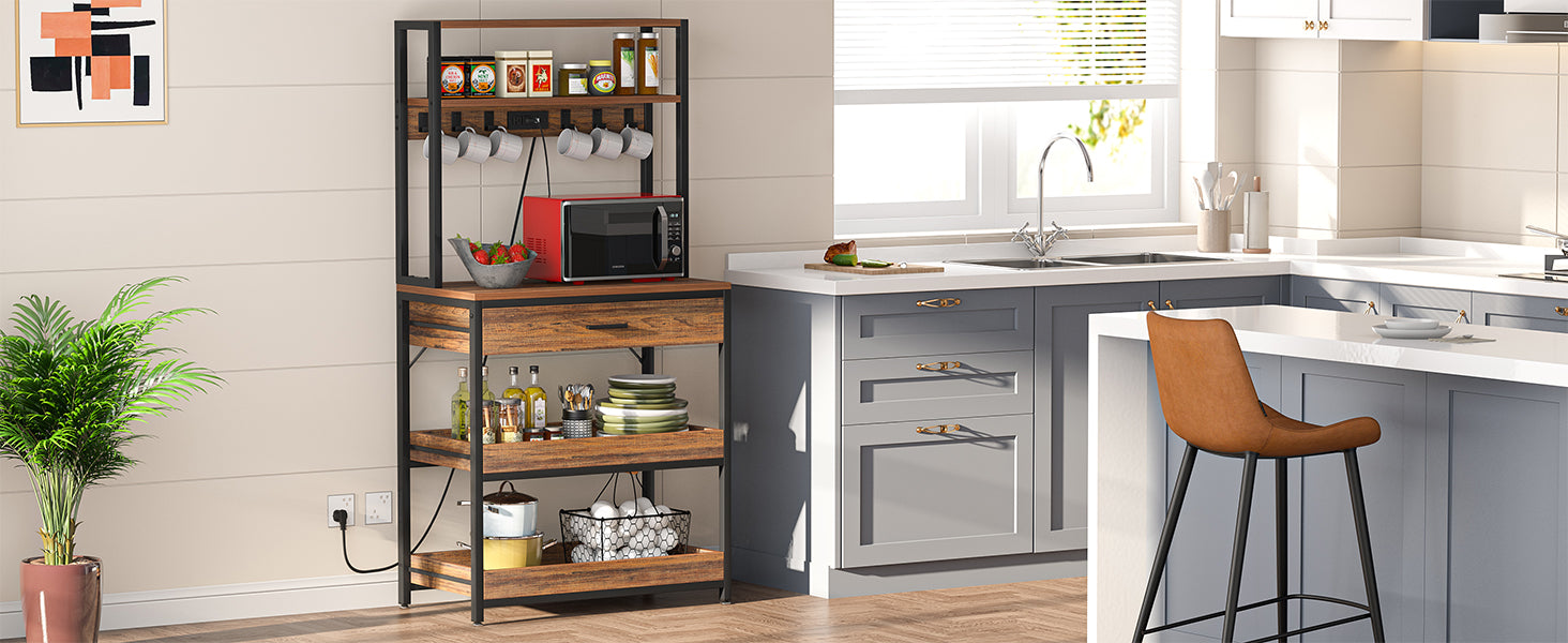 5-Tier Kitchen Baker's Rack with Power Outlets, Drawer & Sliding Shelves
