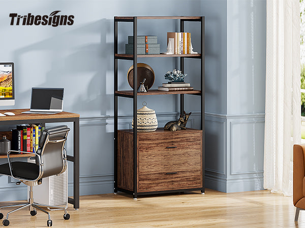 4-Tier Bookshelf Etagere Display Bookcase with 2 Drawers