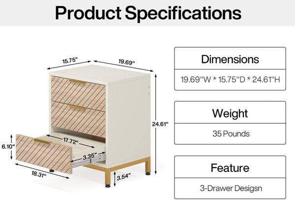 3-Drawer Nightstand Bedside End Table for Bedroom