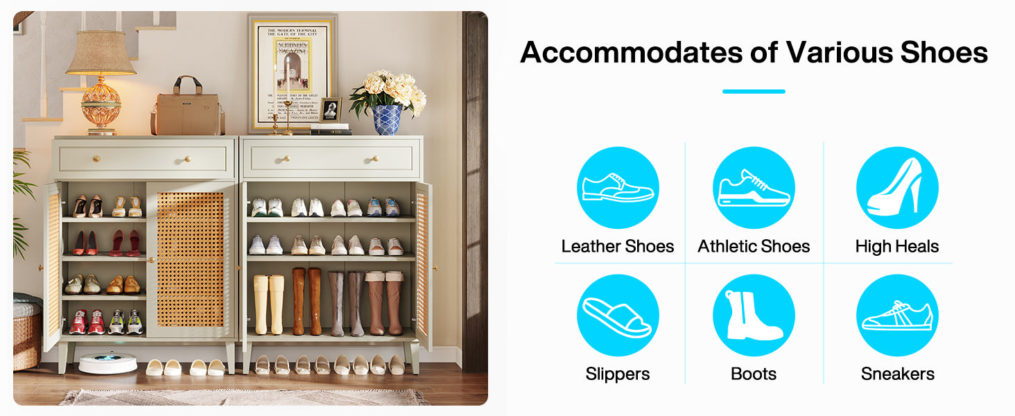Wooden Shoe Cabinet, Rattan Shoe Organizer with Doors and Drawer