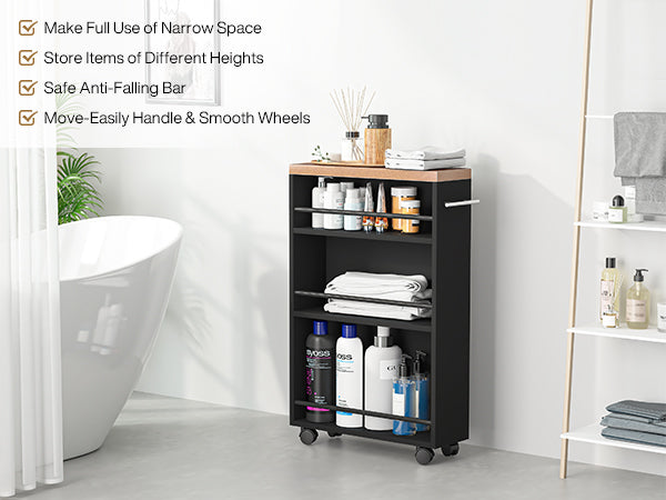4-Tier Storage Cart, Slim Rolling Narrow Kitchen Cart for Small Place
