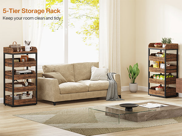 Wood Fruit and Vegetable Storage Rack Basket Stand with 5 Drawers