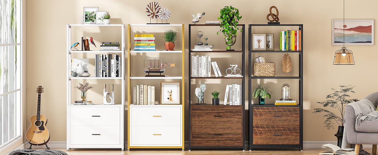 4-Tier Bookshelf Etagere Display Bookcase with 2 Drawers