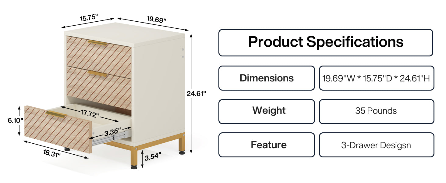 3-Drawer Nightstand Bedside End Table for Bedroom