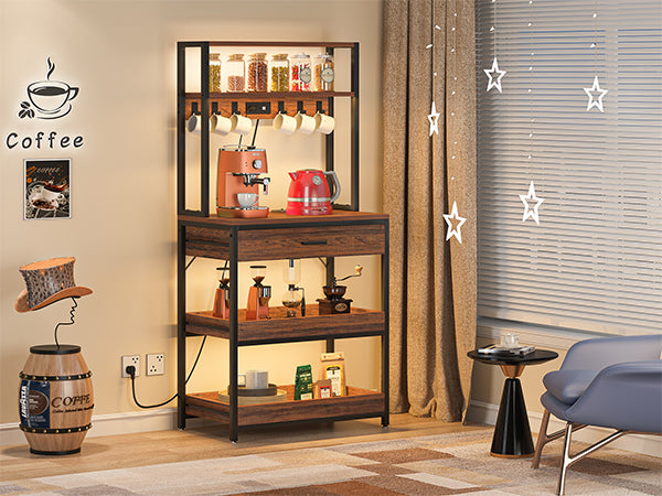 5-Tier Kitchen Baker's Rack with Power Outlets, Drawer & Sliding Shelves