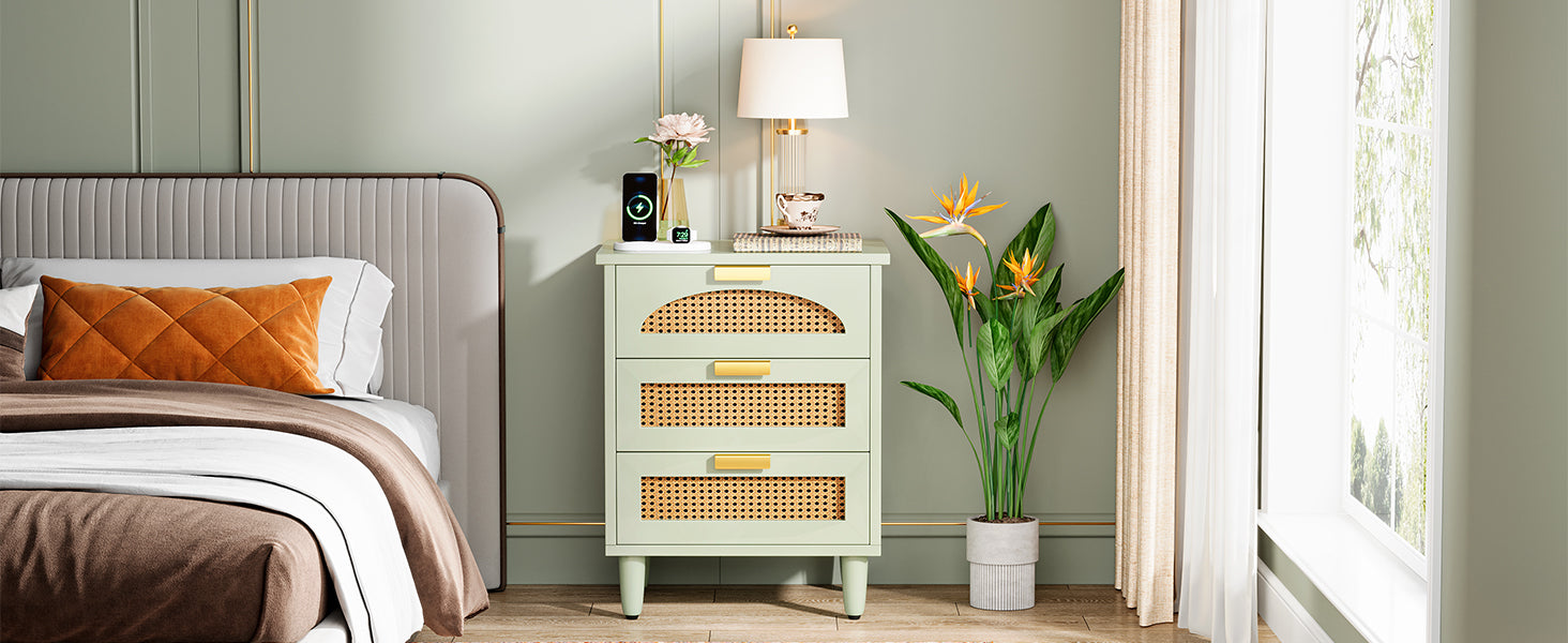 Wood Nightstand, 20-Inch Bedside Table Storage Cabinet with 3-Drawers