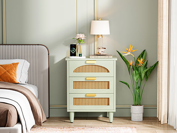 Wood Nightstand, 20-Inch Bedside Table Storage Cabinet with 3-Drawers