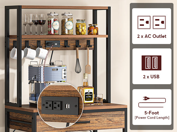 5-Tier Kitchen Baker's Rack with Power Outlets, Drawer & Sliding Shelves