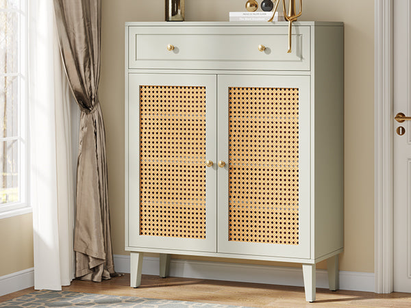 Wooden Shoe Cabinet, Rattan Shoe Organizer with Doors and Drawer