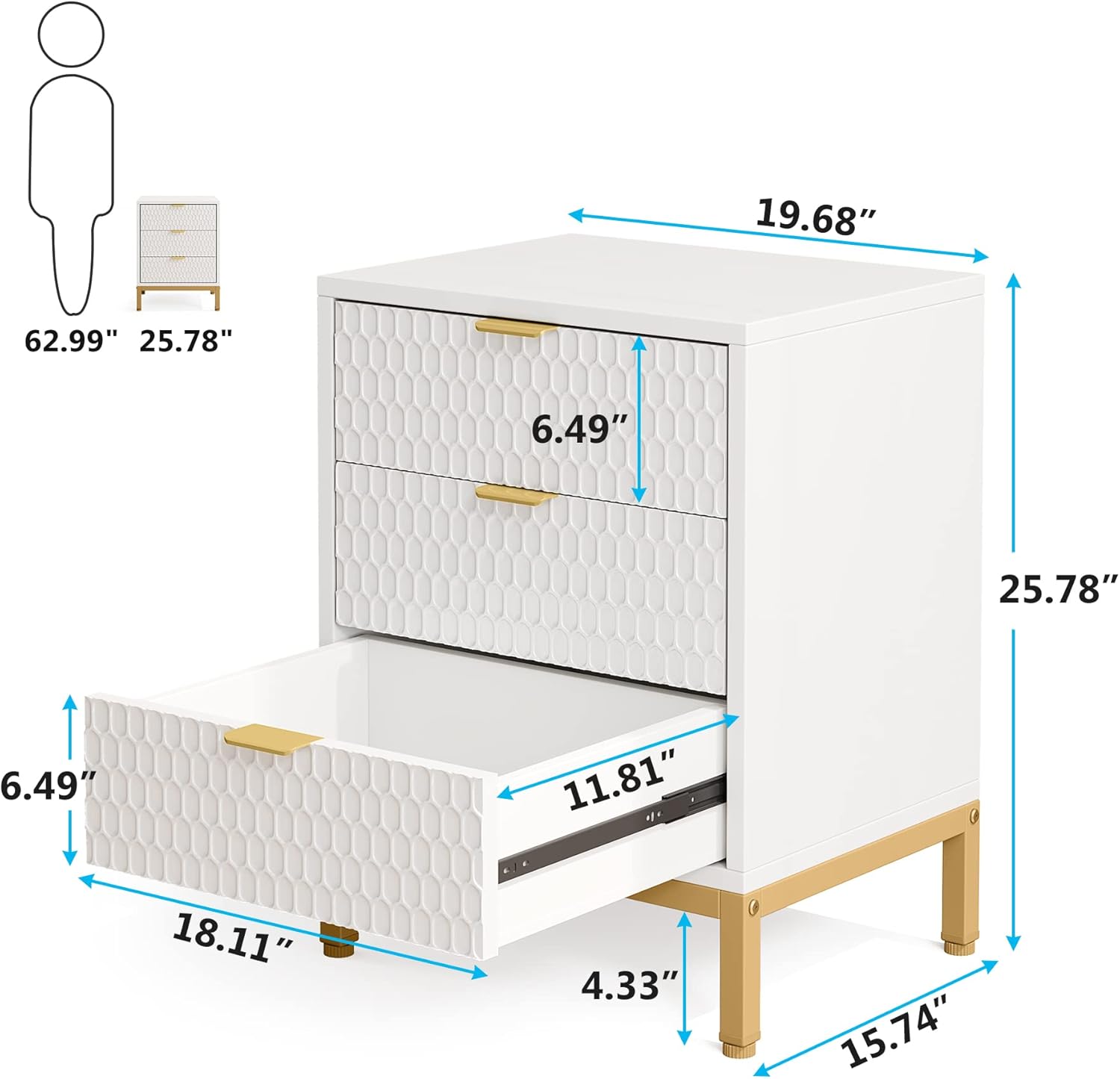 white and gold nightstand size