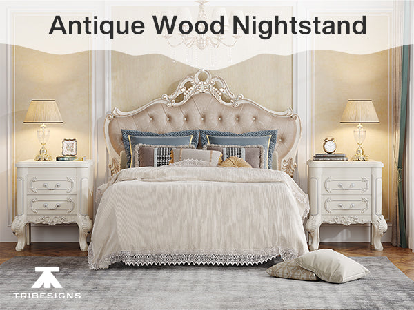 Carved Nightstand, Bedside Table End Table with 2 Drawers