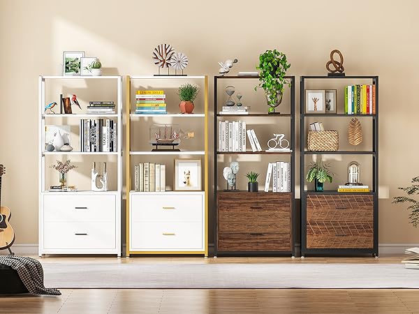 4-Tier Bookshelf Etagere Display Bookcase with 2 Drawers
