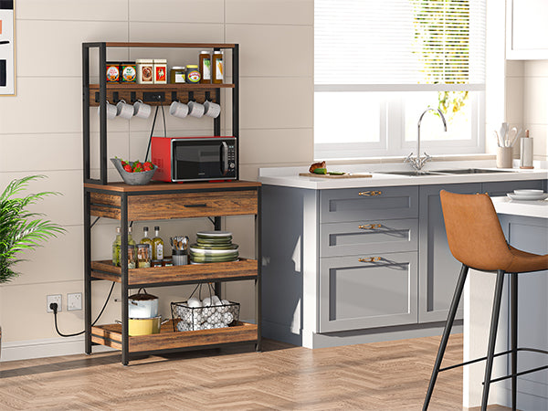 5-Tier Kitchen Baker's Rack with Power Outlets, Drawer & Sliding Shelves