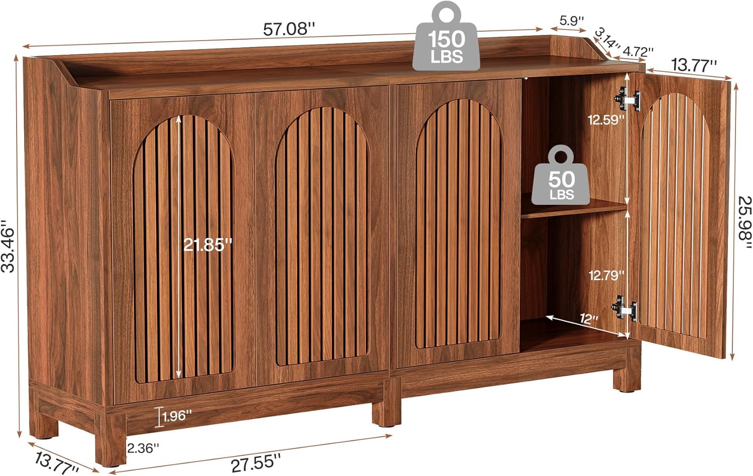 57" Sideboard Buffet, Farmhouse Storage Cabinet with Adjustable Shelf