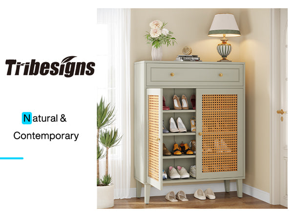 Wooden Shoe Cabinet, Rattan Shoe Organizer with Doors and Drawer